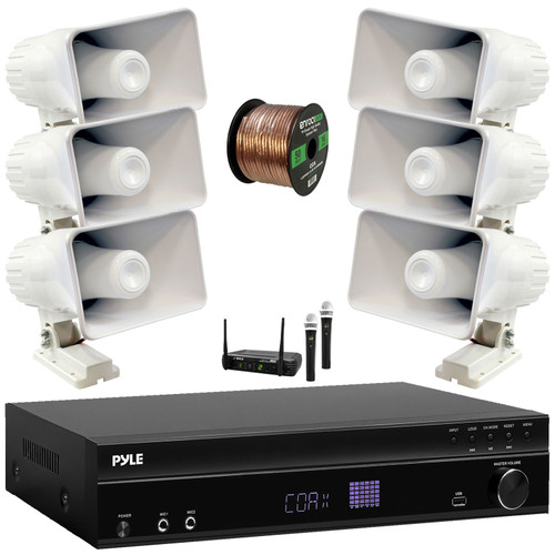 Pyle PT875BT 5.2 Channel 1000W Max USB-A MP3 Player FM Radio Bluetooth Home Theater Amplifier Receiver, 6x 8'' 65 Watt Power Indoor/Outdoor PA Horn Speakers, Wireless Microphone System, Speaker Wire