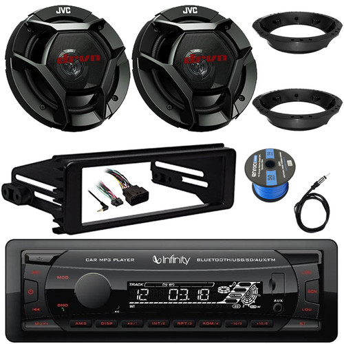 Infinity Alpha 100 Single DIN Bluetooth USB/AUX SD MP3 Player FM Radio Digital Media Receiver w/Install Kit, 2x 6.5" 300W Max 2-Way Speakers w/Adapters, Radio Antenna, Wire (98-2013 HD Motorcycles)