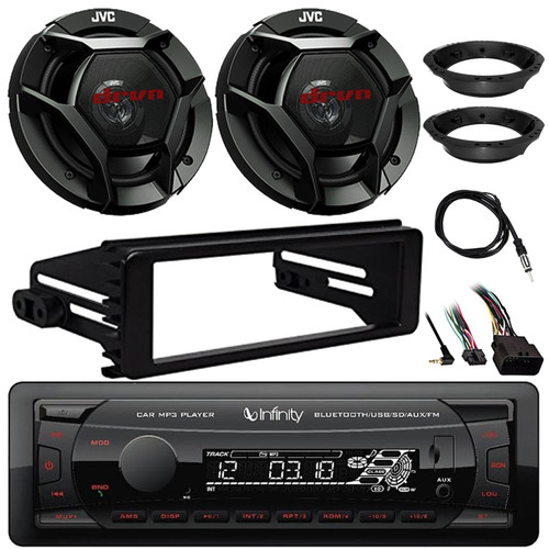 Infinity Alpha 100 Single DIN Bluetooth USB/AUX FM Radio Receiver, JVC CS-DR621 6.5" 2-Way 300 Watt Max Speakers (Pair) w/Antenna, Adapters, Stereo Install Kit (select 1998-2013 Harley Motorcycles)
