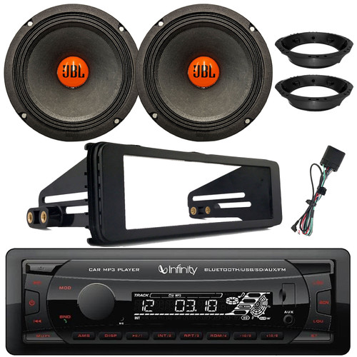 Infinity Alpha 100 Single DIN Bluetooth USB/AUX MP3 Player SD FM Radio Digital Media Receiver W/Install Kit, 2x 6.5" 300W Max Power Woofer Speakers W/Adapters (Bundle Fits 1998-2013 Harley Davidson)