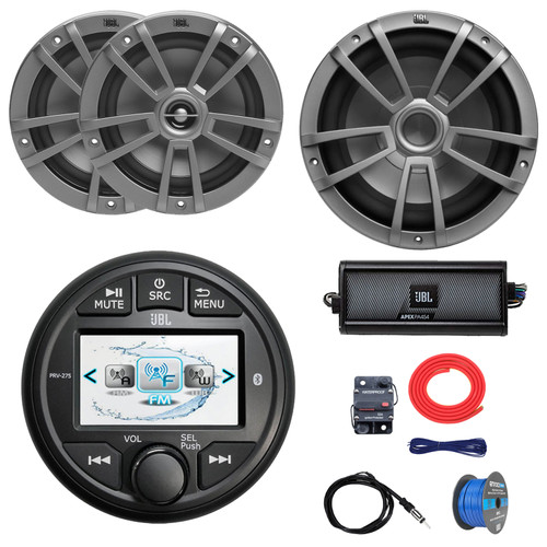 JBL PRV-275 Marine Bluetooth USB/AUX WB AM/FM Radio Gauge Style Digital Media Receiver, 2x 6.5" 180W Max 2-Way Multi-Element Speakers, 10" 600W Max Subwoofer, 4-Channel Amplifier W/Kit, Antenna, Wire