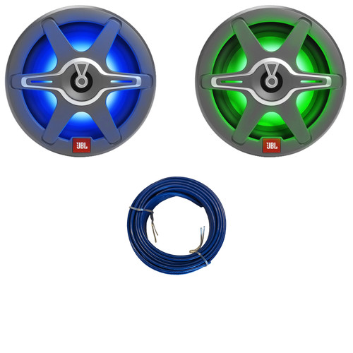 One Pair (QTY 2) Of JBL Club Marine 6.5" 225W Max Power 2-Way High-Performance Marine Audio Speakers with RGB LED Illumination (White and Grey Grilles) (Bulk Packaging), 20 Feet 16 Gauge Speaker Wire