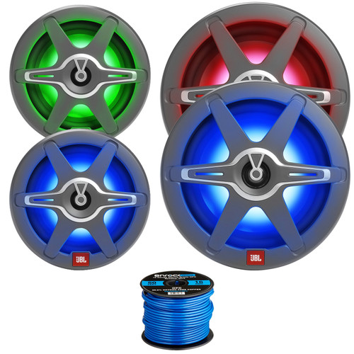 2x JBL Club Marine 6.5" 225W Max 2-Way High-Performance Marine RGB LED Speakers with White and Grey Grilles, 2x 8" 450W Max 2-Way High-Performance Boat RGB LED Speakers, 50 Feet 16 Gauge Speaker Wire