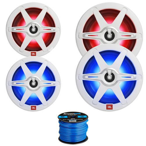 2x JBL Club Marine 6.5" 225W Max 2-Way High-Performance Marine RGB LED Speakers with White and Grey Grilles, 2x 8" 450W Max 2-Way High-Performance Boat RGB LED Speakers, 50 Feet 16 Gauge Speaker Wire