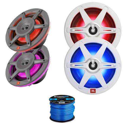 2x JBL Club 82 8" 450 Watt Max Power 2-Way High-Performance Marine RGB LED Speakers, 2x JBL JBLSPKMASD62AM 6.5" 300 Watt Max Power 2-Way RGB LED Gray Audio Speakers, 50 Feet 16 Gauge Speaker Wire
