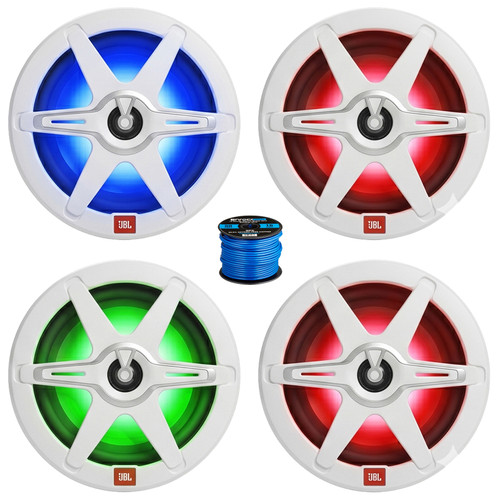 Two Pairs (QTY 4) Of JBL Club 82 8" OEM Replacement 450 Watt Max Power 2-Way High-Performance Marine Speakers with RGB Illumination (White and Gray Grilles), 50 Feet 16 Gauge Speaker Wire