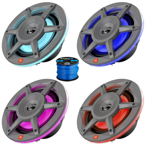 Two Pairs (QTY 4) Of JBL JBLMARSPKSD62GAM 6.5" 300 Watt Max Power 2-Way RGB illumination Gray Marine Audio Speakers (Bulk Packaging) Bundle Combo With 50 Feet 16 Gauge Speaker Wire