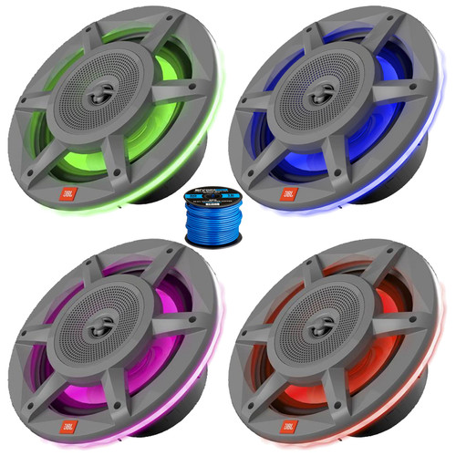 Two Pairs (QTY 4) Of JBL JBLMARSPKSD82MGAM 8" 500 Watts Max Power Premium Convertible 3-Way Gray Marine Audio Speakers with MultiColor RGB LED Lighting (Bulk Packaging), 50 Feet 16 Gauge Speaker Wire