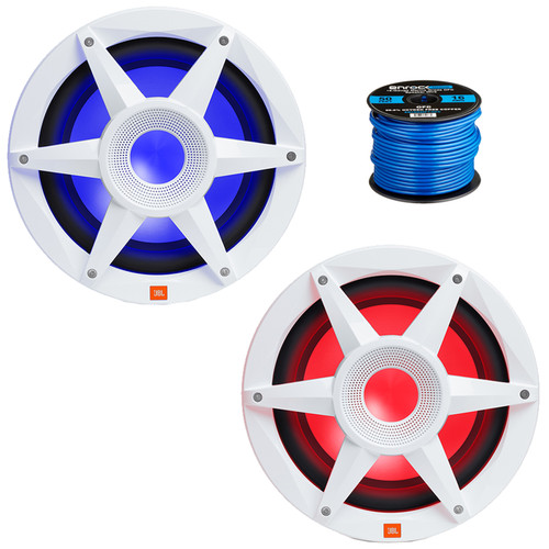 One Pair (QTY 2) Of JBL Stadium Marine M1000 10" 900 Watt Max Power Premium Free Air White Subwoofer with RGB Lighting Bundle Combo With 50 Feet 16 Gauge Speaker Wire