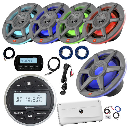 JBL PRV-175 Marine Gauge Style USB Bluetooth AM/FM Receiver w/Remote + Extension, 4x 6.5" 300W 2-Way LED Audio Speakers (Gray), 10" LED Subwoofer, 5-Channel Amplifier w/Kit, Antenna, Wire, USB Adapter