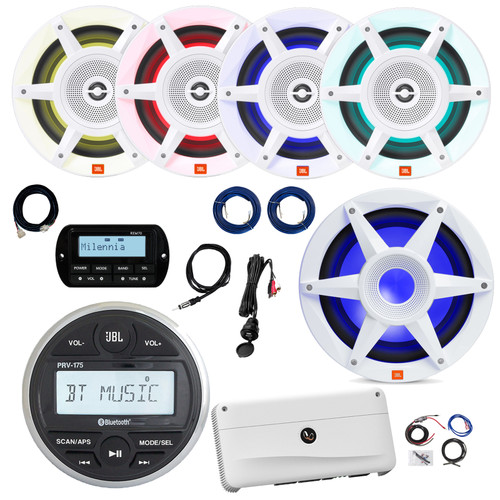 JBL PRV-175 Marine Gauge Style USB Bluetooth AM/FM Receiver w/Remote + Extension, 4x 8" 500W 3-Way LED Audio Speakers (White), 10" LED Subwoofer, 5-Channel Amplifier w/Kit, Antenna, Wire, USB Adapter