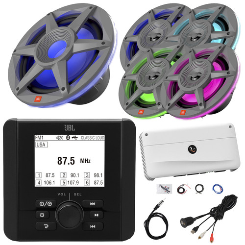 Pontoon Boat Audio Bundle: JBL JAM3000 Marine Bluetooth USB AM/FM Radio Gauge Hole Mount Receiver, 4x 6.5" 300W Max 2-Way RGB LED Speakers, 10" RGB LED Subwoofer, Amplifier W/Kit, Adapter, Antenna