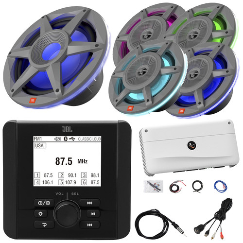 Pontoon Boat Audio Bundle: JBL JAM3000 Marine Bluetooth USB AM/FM Radio Gauge Hole Receiver, 4x 8" 500W Max Power 3-Way RGB LED Speakers, 10" Subwoofer, Amplifier W/Kit, USB/AUX Adapter, 40" Antenna