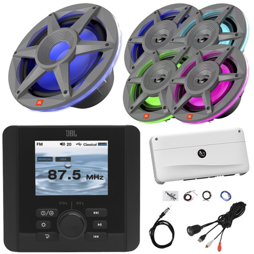 JBL JAM5000N Marine Bluetooth USB/AUX AM/FM Gauge Hole Mount Digital Media Receiver, 4x 6.5" 300W Max 2-Way RGB LED Speakers, 10" RGB LED Subwoofer, 5-Channel Amplifier W/Kit, USB Adapter, Antenna