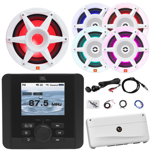 JBL JAM5000N Marine Bluetooth USB/AUX AM/FM Gauge Hole Mount Digital Media Receiver, 4x 8" 500W Max 3-Way RGB LED Speakers, 10" 900W RGB LED Subwoofer, 5-Channel Amplifier W/Kit, USB Adapter, Antenna