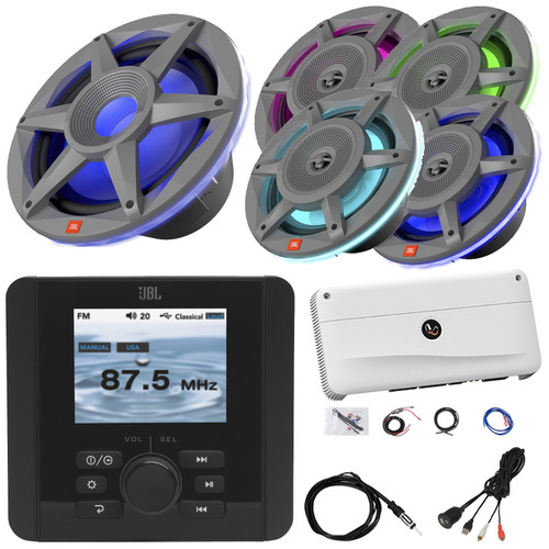 JBL JAM5000N Marine Bluetooth USB/AUX AM/FM Gauge Hole Mount Digital Media Receiver, 4x 8" 500W Max Power 3-Way RGB LED Speakers, 10" RGB LED Subwoofer, 5-Channel Amplifier W/Kit, USB Adapter, Antenna