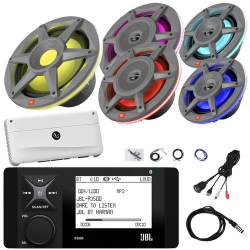 Pontoon Boat Audio Bundle: JBL R3500 Marine Bluetooth USB/AUX AM/FM Radio Digital Media Receiver, 2x 8" 500W Max RGB LED Speakers, 2x 6.5" RGB LED Speakers, 10" Subwoofer, Amp W/Kit, Adapter, Antenna