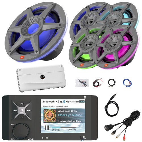 JBL Wake Series R4500 Marine Bluetooth USB/AUX WB AM/FM Radio Stereo Receiver, 4x 6.5" 300W Max 2-Way RGB LED Speakers, 10" RGB LED Subwoofer, 5-Channel Amplifier W/Kit, USB/AUX Adapter, 40" Antenna