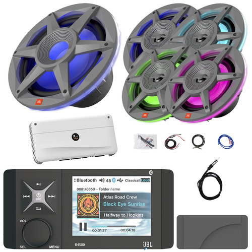Pontoon Boat Audio Bundle: JBL Wake Series R4500 Marine Bluetooth USB/AUX WB AM/FM Radio Stereo Receiver W/Gray Cover, 4x 6.5" 300W Max 2-Way RGB LED Speakers, 10" Subwoofer, Amplifier W/Kit, Antenna