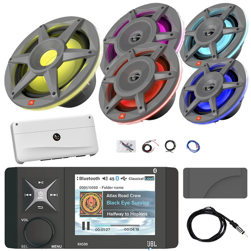 Pontoon Boat Audio Bundle: JBL Wake Series R4500 Marine Bluetooth USB/AUX WB AM/FM Stereo Receiver W/Gray Cover, 2x 8" 500W Max RGB LED Speakers, 2x 6.5" Speakers, 10" Sub, Amplifier W/Kit, Antenna