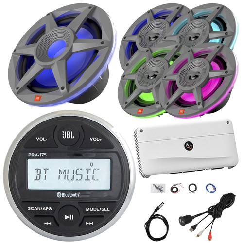 JBL PRV-175 Marine Bluetooth USB/AUX AM/FM Gauge Hole Mount Digital Media Stereo Receiver, 4x 6.5" 300W Max RGB LED Speakers, 10" RGB LED Subwoofer, 5-Channel Amplifier W/Kit, USB Adapter, Antenna