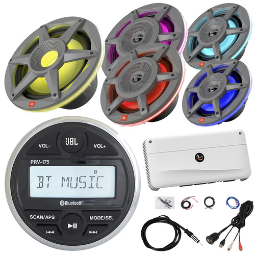 JBL PRV-175 Marine Bluetooth USB/AUX AM/FM Gauge Hole Mount Digital Media Receiver, 2x 8" 500W Max RGB LED Speakers, 2x 6.5" RGB LED Speakers, 10" Subwoofer, 5CH Amplifier W/Kit, USB Adapter, Antenna