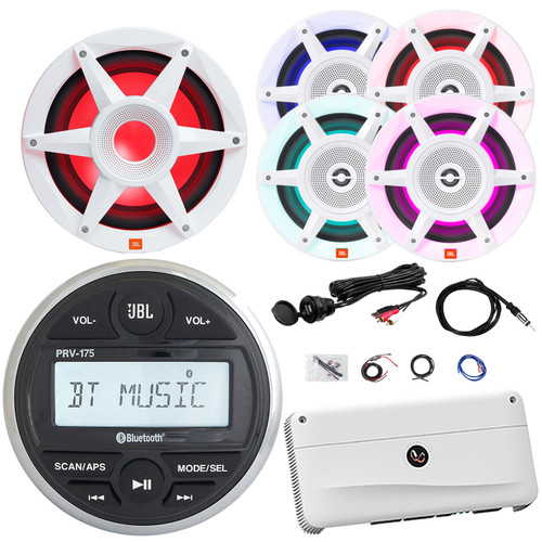 JBL PRV-175 Marine Bluetooth USB/AUX AM/FM Radio Gauge Hole Mount Digital Media Stereo Receiver, 4x 8" 500W Max 3-Way RGB LED Speakers, 10" RGB LED Subwoofer, Amplifier W/Kit, USB Adapter, 40" Antenna