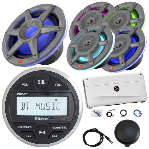 Pontoon Boat Audio Bundle: JBL PRV-175 Marine Bluetooth USB/AUX AM/FM Gauge Hole Digital Media Receiver W/Black Cover, 4x 8" 500W Max Power 3-Way RGB LED Speakers, 10" Subwoofer, Amp W/Kit, Antenna
