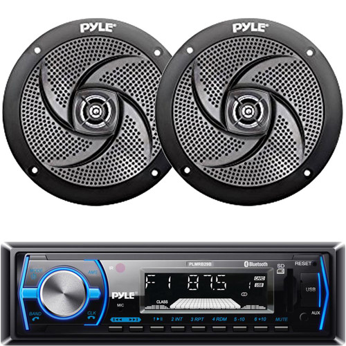 Pyle PLMRB29B Single DIN Marine Bluetooth USB/AUX MP3 Player AM/FM Radio In-Dash Black Stereo Receiver w/ Remote Control, 2x 5.25" 180W Max Power 2-Way Waterproof Low Profile Slim Style Black Speakers