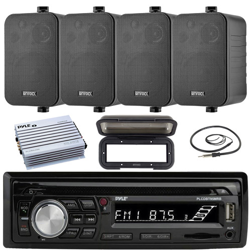 Pyle PLCDBT95 Single DIN Marine Bluetooth USB/AUX MP3/CD Player AM/FM Radio In-Dash Stereo Receiver W/Black Cover, 4x 4" 30W Max Power 3-Way Indoor/Outdoor Black Speakers, 4-Channel Amplifier, Antenna