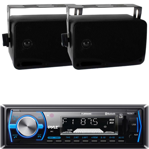 Pyle PLMRB29B Single DIN Marine Bluetooth USB/AUX MP3 Player AM/FM Radio In-Dash Black Stereo Receiver, 2x Pyle PLMR24B 3.5" 200 Watt Max Power 3-Way Indoor/Outdoor Wall Mount Black Audio Speakers