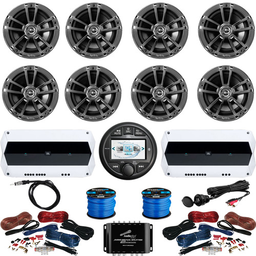 JBL PRV-275 Marine Bluetooth USB AUX Digital Receiver, 8x 6.5" 225 Watt Peak Power High-Performance 2-Way Chrome Speaker, 2x 4-Channel Amplifiers W/ 2x Kits/1x Split, 2x Wires, Antenna, Aux Mount