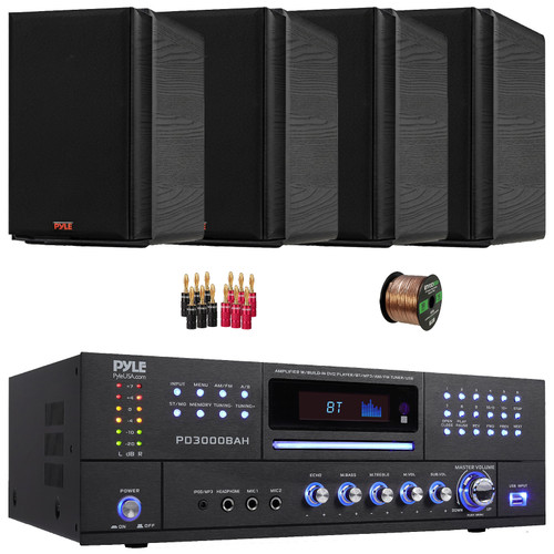 Pyle PD3000BAH 4-Channel 4000W Bluetooth USB FM Radio CD/DVD Player HDMI Home Audio Amplifier Receiver, 2x 5.25” 200W Max Power 2-Way HiFi Home Theater Bookshelf Black Speakers, Wire, Banana Plugs