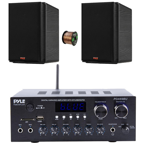 Pyle PDA69BU Bluetooth AUX/USB MP3/SD FM Radio Home Audio Sound Stereo Amplifier Receiver, 2x 5.25” 200 Watts Max Power 2-Way HiFi Home Theater Bookshelf Black Speakers, 50 Feet 16 Gauge Speaker Wire