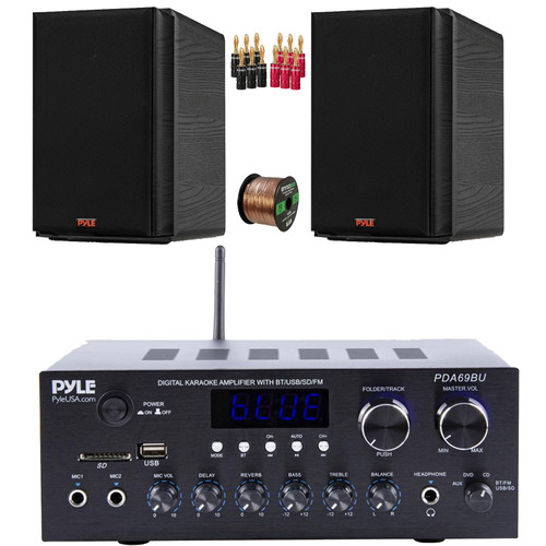 Pyle PDA69BU Bluetooth AUX/USB MP3/SD FM Radio Home Audio Sound Stereo Amplifier Receiver, 2x 5.25” 200 Watts Max Power 2-Way HiFi Home Theater Bookshelf Black Speakers, Speaker Wire, Banana Plugs