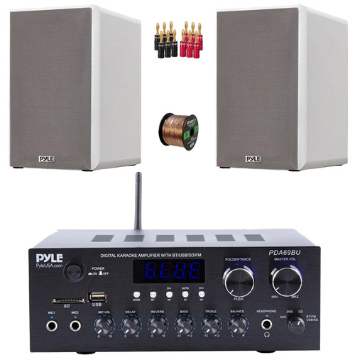 Pyle PDA69BU Bluetooth AUX/USB MP3/SD FM Radio Home Audio Sound Stereo Amplifier Receiver, 2x 5.25” 200 Watts Max Power 2-Way HiFi Home Theater Bookshelf White Speakers, Speaker Wire, Banana Plugs
