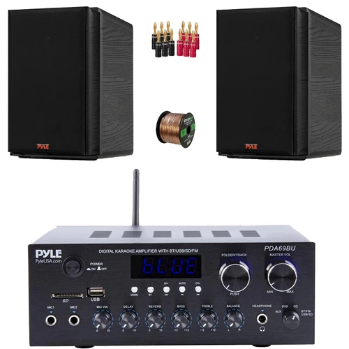 Pyle PDA69BU Bluetooth AUX/USB MP3/SD FM Radio Home Audio Sound Stereo Amplifier Receiver, 2x 6.5” 240 Watts Max Power 2-Way HiFi Home Theater Bookshelf Black Speakers, Speaker Wire, Banana Plugs