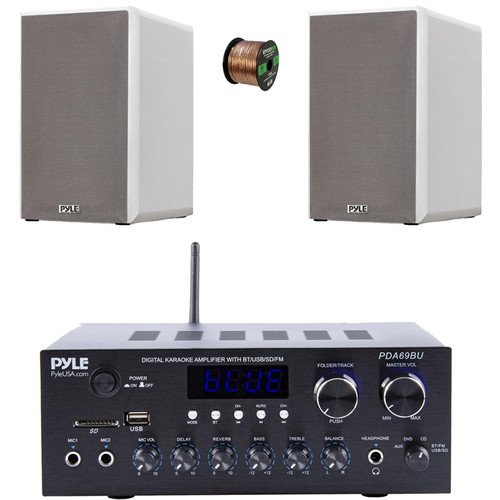 Pyle PDA69BU Bluetooth AUX/USB MP3/SD FM Radio Home Audio Sound Stereo Amplifier Receiver, 2x 6.5” 240 Watts Max Power 2-Way HiFi Home Theater Bookshelf White Speakers, 50 Feet 16 Gauge Speaker Wire