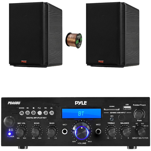 Pyle PDA6BU 200-Watt Bluetooth USB/AUX Home Audio Amplifier Stereo Receiver, 2x 5.25” 200 Watts Max Power 2-Way HiFi Home Theater Bookshelf Black Speakers, 50 Feet 16 Gauge Speaker Wire