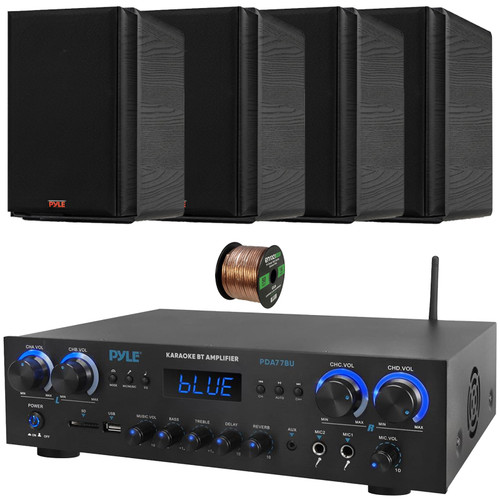 Pyle PDA77BU 4-Channel Bluetooth MP3/USB/SD/RCA/AUX FM Radio Home Theater Receiver, 2x 5.25” 200 Watts Max Power 2-Way HiFi Home Theater Bookshelf Black Speakers, 50 Feet 16 Gauge Speaker Wire