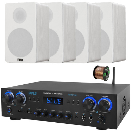 Pyle PDA77BU 4-Channel Bluetooth MP3/USB/SD/RCA/AUX FM Radio Home Theater Receiver, 4x 6.5” 240 Watt Max Power 2-Way HiFi Home Theater Bookshelf White Speakers, 50 Feet 16 Gauge Speaker Wire