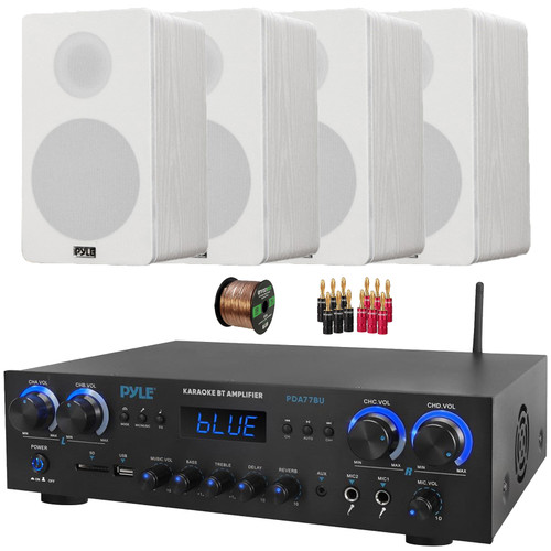 Pyle PDA77BU 4-Channel Bluetooth MP3/USB/SD/RCA/AUX FM Radio Home Theater Receiver, 4x 6.5” 240 Watt Max Power 2-Way HiFi Home Theater Bookshelf White Speakers, 50 Feet Speaker Wire, Banana Plugs