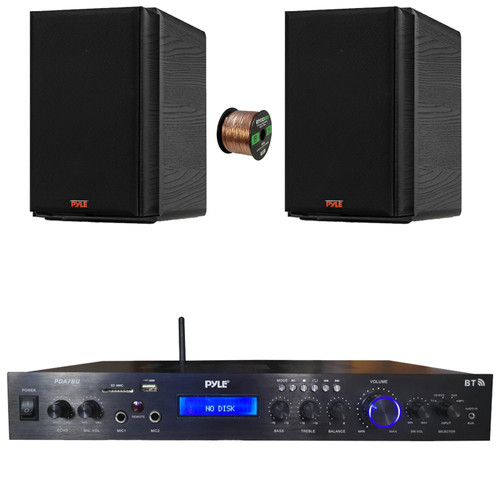 Pyle PDA7BU Bluetooth USB/AUX MP3 Player SD FM Home Theater Audio Black Amplifier Receiver, 2x 5.25” 200W Max Power 2-Way HiFi Home Theater Bookshelf Black Speakers, 50 Feet 16 Gauge Speaker Wire