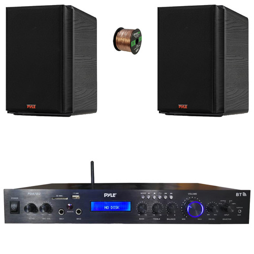 Pyle PDA7BU Bluetooth USB/AUX MP3 Player SD FM Home Theater Audio Black Amplifier Receiver, 2x 6.5” 240 Watts Max Power 2-Way HiFi Home Theater Bookshelf Black Speakers, 50 Feet 16 Gauge Speaker Wire