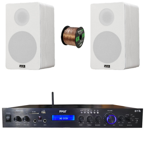Pyle PDA7BU Bluetooth USB/AUX MP3 Player SD FM Home Theater Audio Black Amplifier Receiver, 2x 6.5” 240 Watt Max Power 2-Way HiFi Home Theater Bookshelf White Speakers, 50 Feet 16 Gauge Speaker Wire