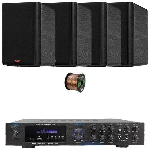Pyle PDA8BU 5.1 Channel Bluetooth USB/AUX MP3 Player SD/FM Radio Home Audio Receiver with Remote Control, 2x 5.25” 200 Watts Max Power 2-Way HiFi Home Theater Bookshelf Black Speakers, Speaker Wire