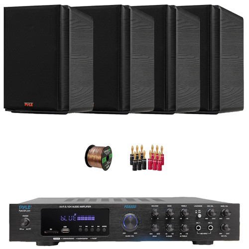 Pyle PDA8BU 5.1 Channel Bluetooth USB/AUX MP3 Player SD/FM Radio Home Audio Receiver with Remote Control, 4x 6.5” 240W Max Power 2-Way HiFi Home Theater Bookshelf Black Speakers, Wire, Banana Plugs