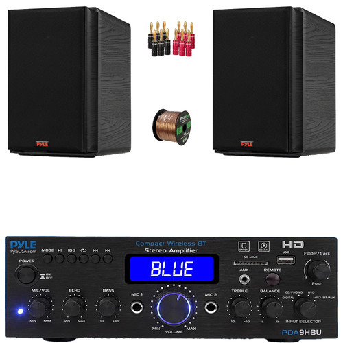 Pyle PDA9HBU 2-Channel Bluetooth HiFI Audio Optical/HDMI/USB/SD FM Radio Home Theater Receiver, 2x 6.5” 240W Max Power 2-Way HiFi Home Theater Bookshelf Black Speakers, Speaker Wire, Banana Plugs