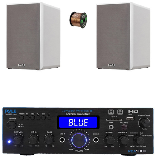 Pyle PDA9HBU 2-Channel Bluetooth HiFI Audio Optical/HDMI/USB/SD FM Radio Home Theater Receiver, 2x 6.5” 240W Max Power 2-Way HiFi Home Theater Bookshelf White Speakers, 50 Feet 16 Gauge Speaker Wire
