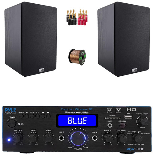 Pyle PDA9HBU 2-Channel Bluetooth HiFI Audio Optical/HDMI/USB/SD FM Radio Home Theater Receiver, 2x 6.5'' 240 Watt Max Power Home Theater Wooden Bookshelf Black Speakers, Speaker Wire, Banana Plugs